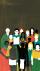 A drawn image of a group of people dressed in various garments, both traditional and non-traditional. The person in front is holding up a blank page, meant to symbolize the Declaration.
